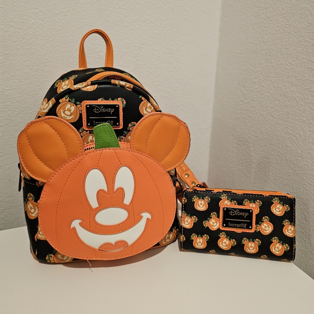 Disney mickey pumpkin loungefly backpack and wallet set